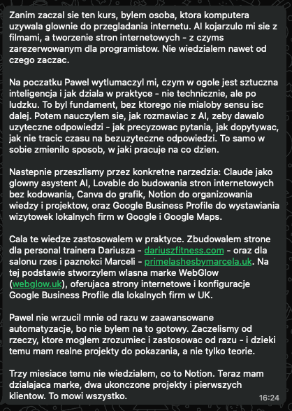Opinia twórcy marki WebGlow po kursie